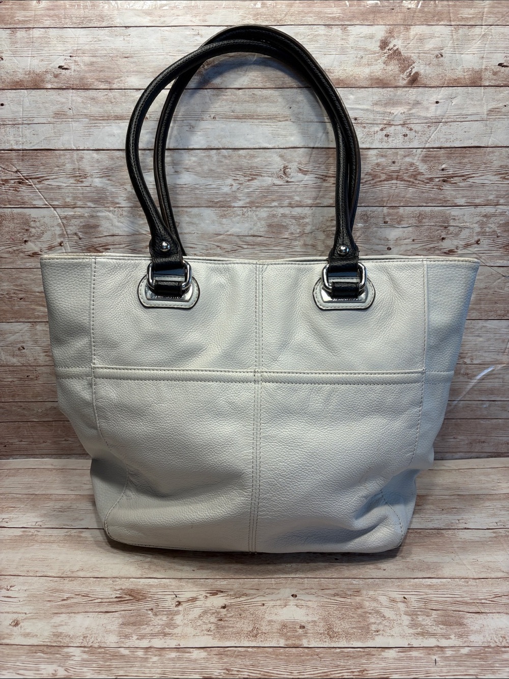 Tignanello Cream Leather Tote with Black Handles